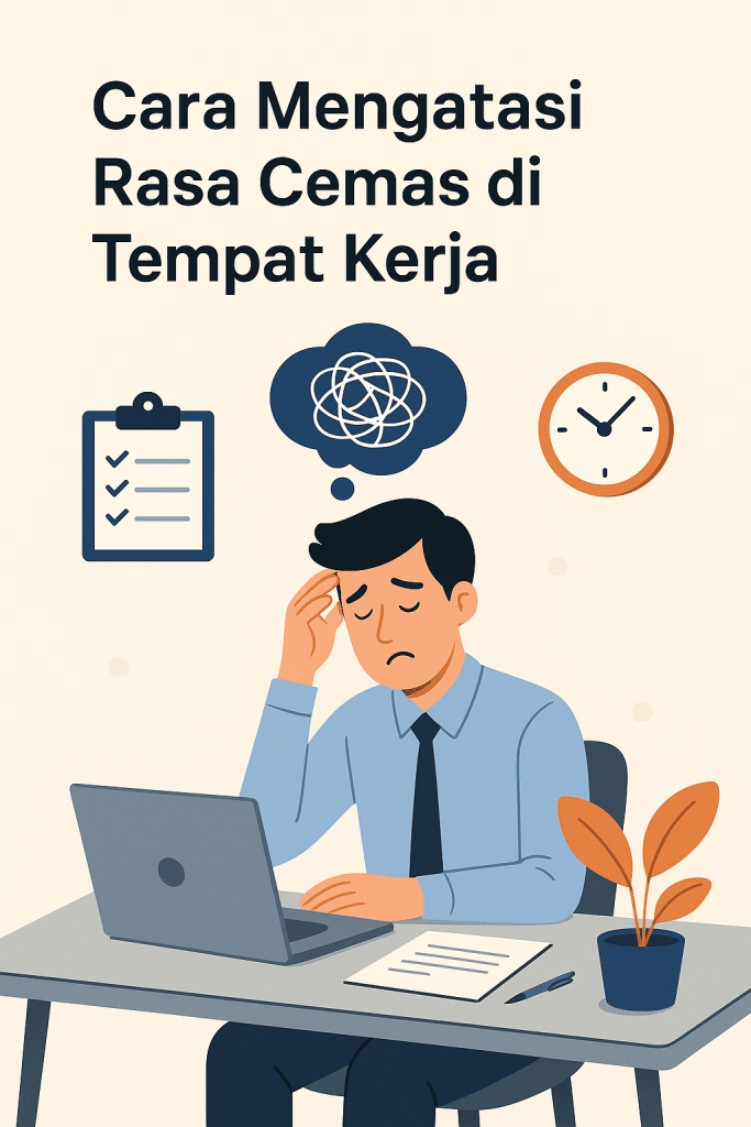 Ilustrasi seorang pria merasa cemas di tempat kerja, duduk di meja dengan laptop, daftar tugas, jam dinding, dan awan pikiran kusut di atas kepalanya.