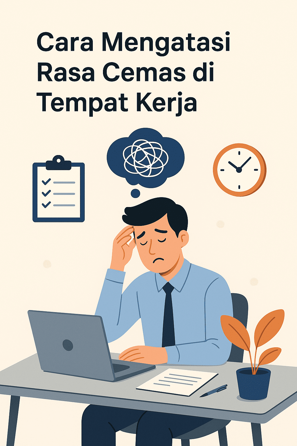Ilustrasi seorang pria merasa cemas di tempat kerja, duduk di meja dengan laptop, daftar tugas, jam dinding, dan awan pikiran kusut di atas kepalanya.