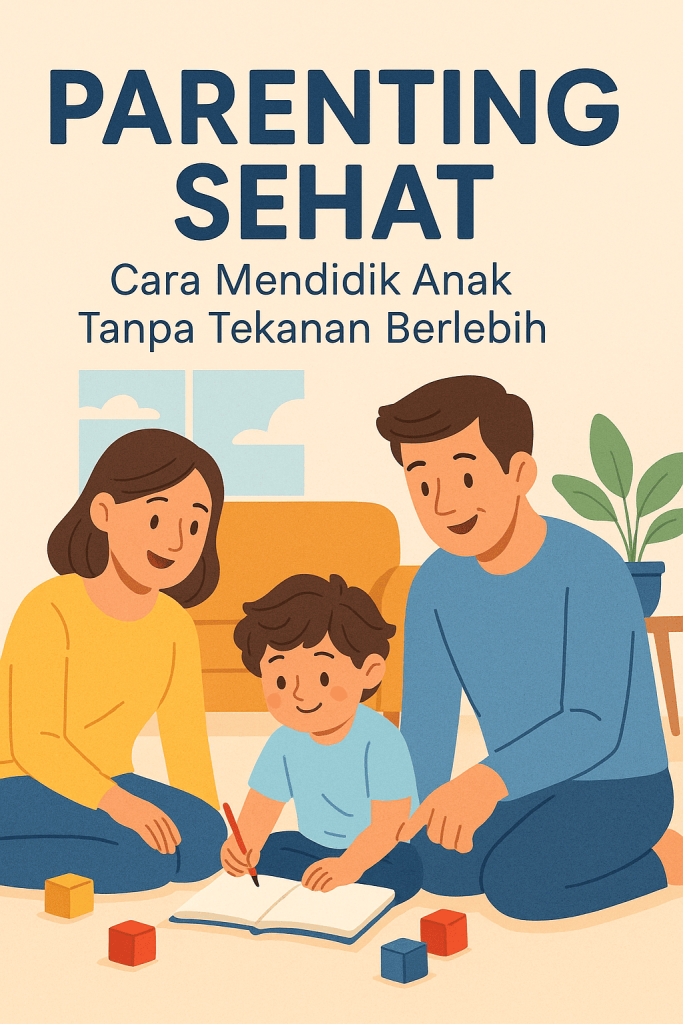 Flat-style digital illustration showing a happy mother and father guiding their child in learning and play, surrounded by colorful building blocks, symbolizing healthy parenting without excessive pressure.