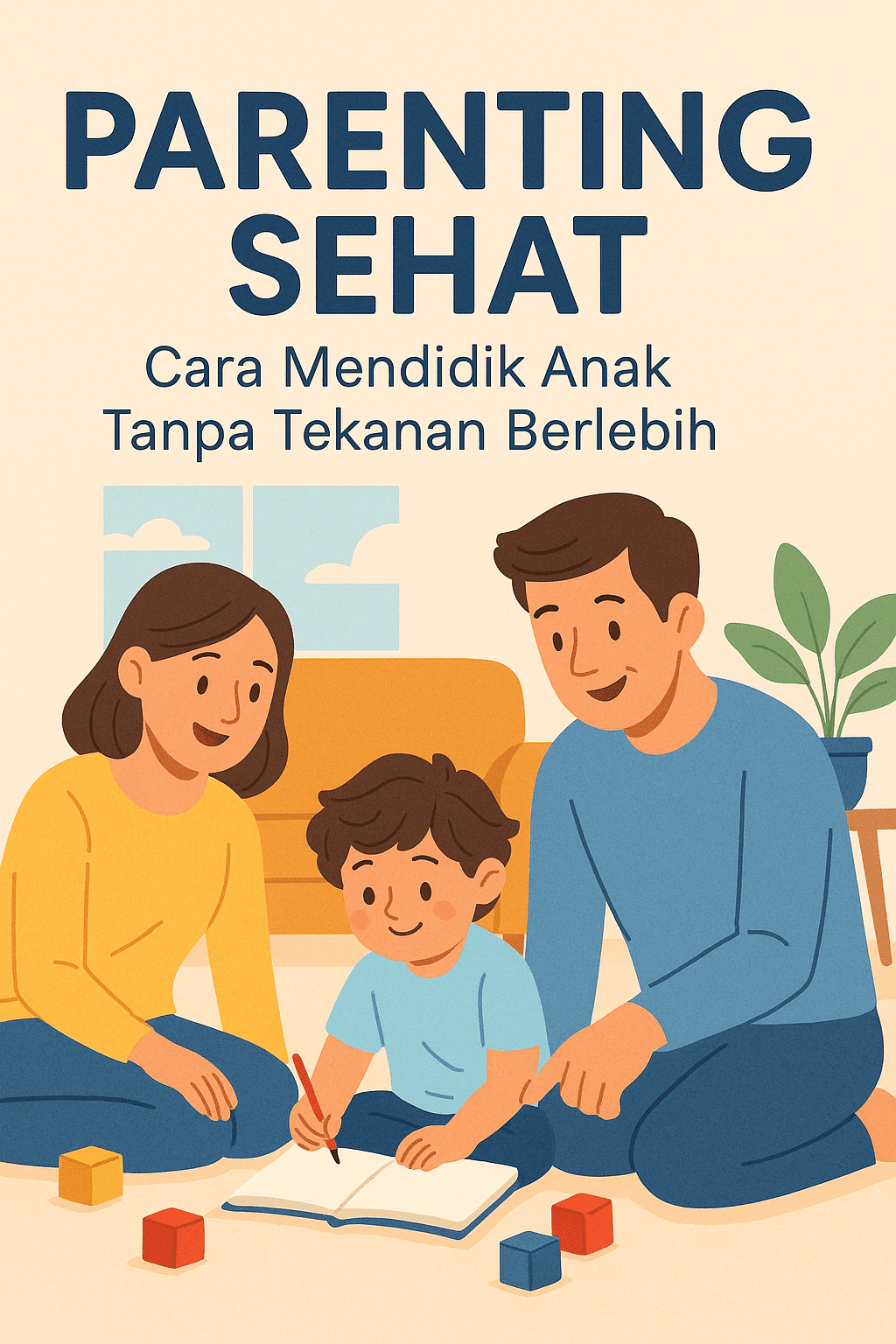 Flat-style digital illustration showing a happy mother and father guiding their child in learning and play, surrounded by colorful building blocks, symbolizing healthy parenting without excessive pressure.