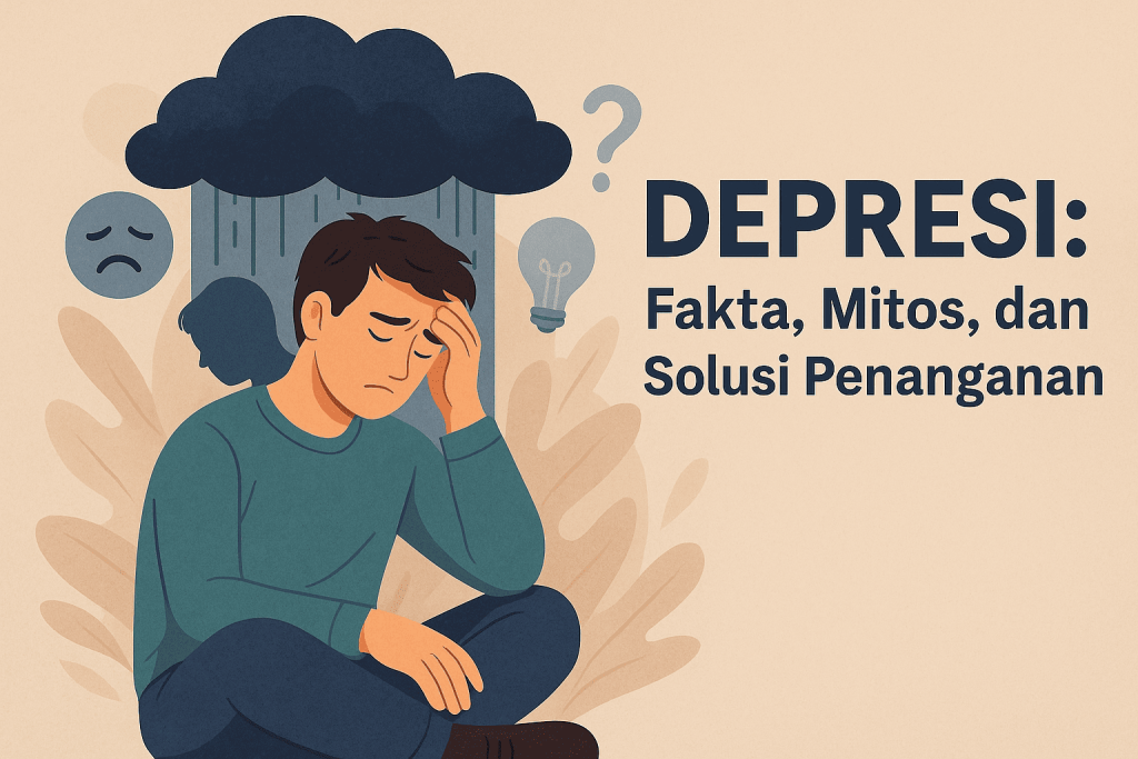 Ilustrasi digital menampilkan seorang pria duduk dengan ekspresi sedih di bawah awan gelap, dikelilingi ikon wajah murung, tanda tanya, dan lampu ide, melambangkan depresi serta solusi penanganan.