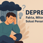 Ilustrasi digital menampilkan seorang pria duduk dengan ekspresi sedih di bawah awan gelap, dikelilingi ikon wajah murung, tanda tanya, dan lampu ide, melambangkan depresi serta solusi penanganan.