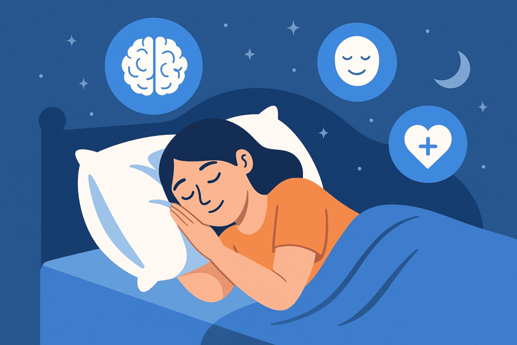 Ilustrasi flat-style menampilkan seorang wanita muda yang tidur nyenyak di malam hari, dikelilingi ikon otak, wajah tersenyum, dan simbol hati yang merepresentasikan hubungan antara pola tidur dan kesehatan mental.