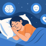 Ilustrasi flat-style menampilkan seorang wanita muda yang tidur nyenyak di malam hari, dikelilingi ikon otak, wajah tersenyum, dan simbol hati yang merepresentasikan hubungan antara pola tidur dan kesehatan mental.