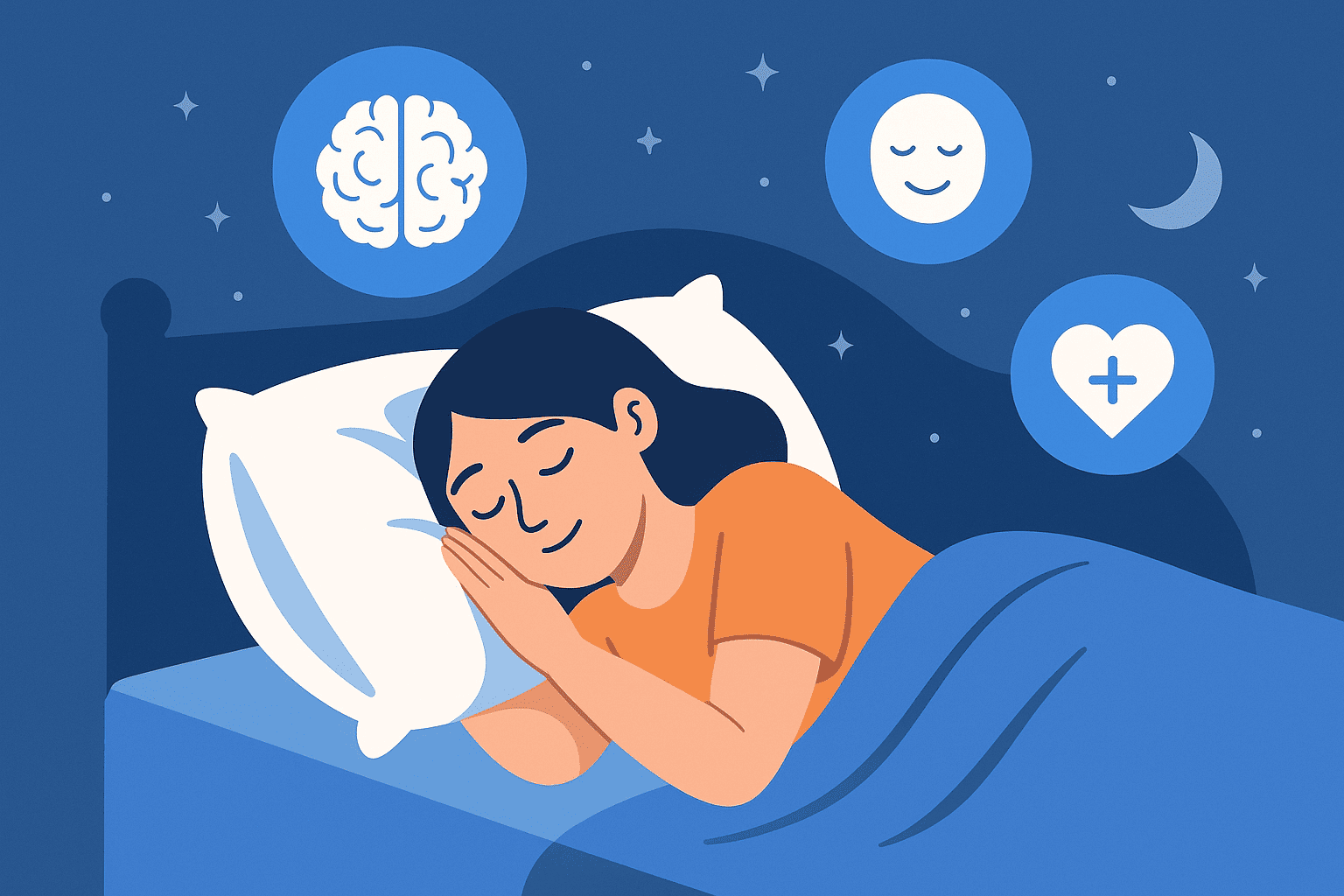 Ilustrasi flat-style menampilkan seorang wanita muda yang tidur nyenyak di malam hari, dikelilingi ikon otak, wajah tersenyum, dan simbol hati yang merepresentasikan hubungan antara pola tidur dan kesehatan mental.