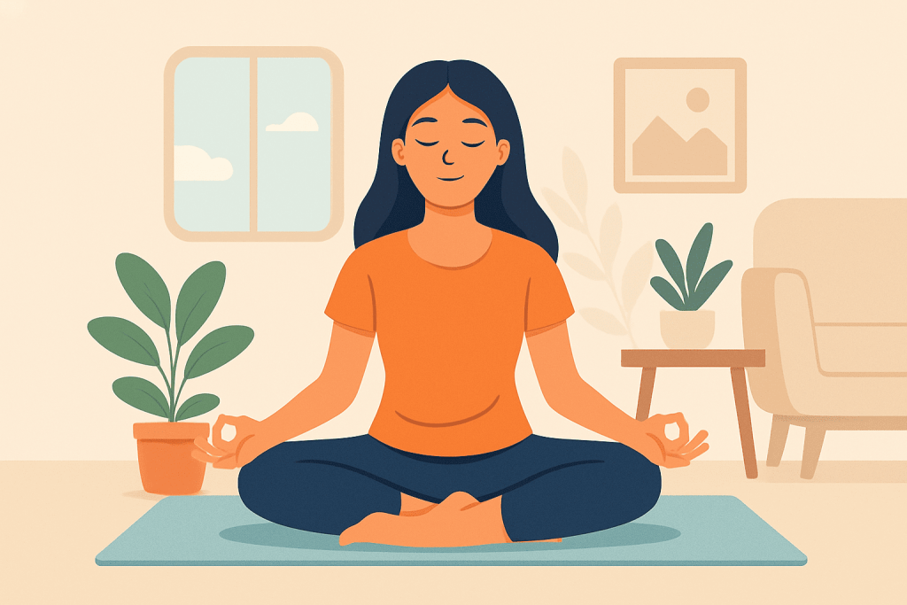 Ilustrasi flat-style menampilkan seorang wanita duduk bersila di atas matras yoga, bermeditasi dengan mata terpejam, dikelilingi tanaman hias di ruangan minimalis yang hangat.