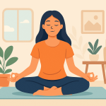 Ilustrasi flat-style menampilkan seorang wanita duduk bersila di atas matras yoga, bermeditasi dengan mata terpejam, dikelilingi tanaman hias di ruangan minimalis yang hangat.