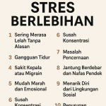 Infografis berisi daftar 10 tanda stres berlebihan, termasuk gangguan tidur, sakit kepala, kelelahan, masalah pencernaan, hingga penurunan imunitas.