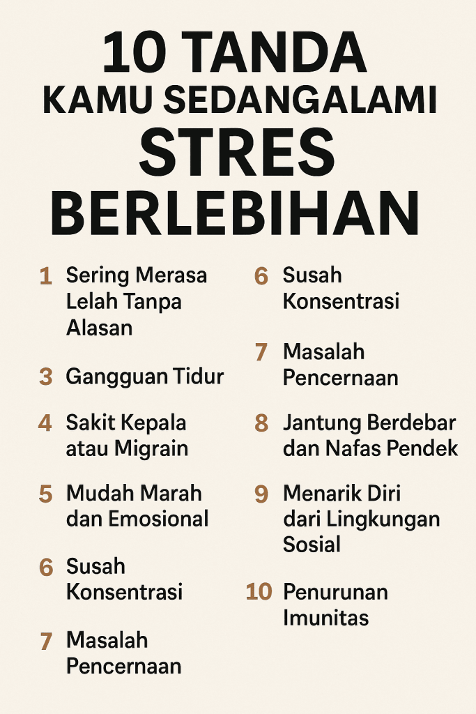 Infografis berisi daftar 10 tanda stres berlebihan, termasuk gangguan tidur, sakit kepala, kelelahan, masalah pencernaan, hingga penurunan imunitas.