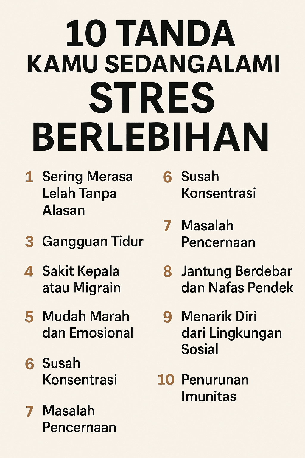 Infografis berisi daftar 10 tanda stres berlebihan, termasuk gangguan tidur, sakit kepala, kelelahan, masalah pencernaan, hingga penurunan imunitas.