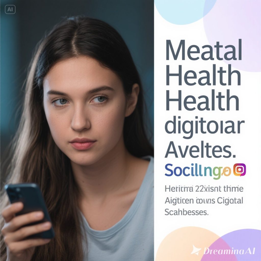 Ilustrasi seseorang stres di depan smartphone dengan ikon media sosial, melambangkan tantangan kesehatan mental di era digital.