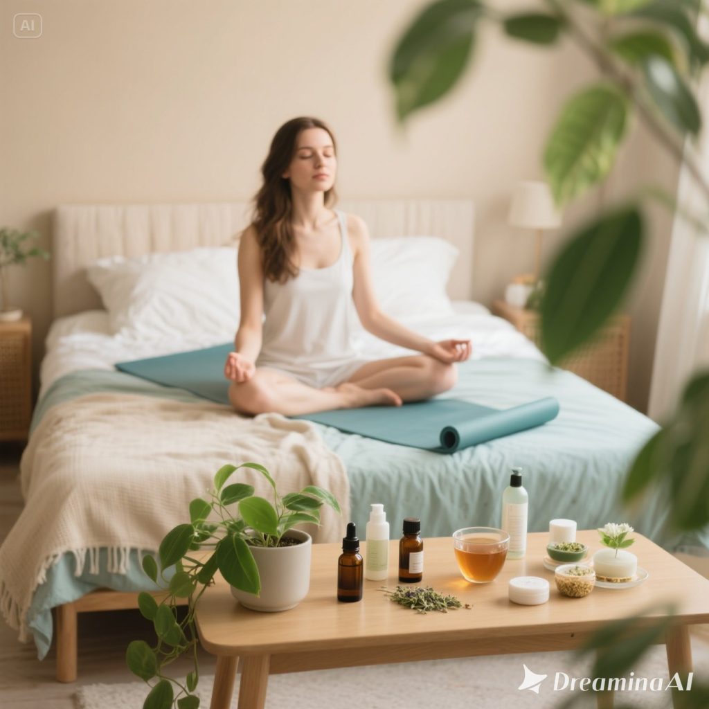 Ilustrasi seseorang melakukan self-care dengan meditasi, membaca buku, dan skincare sebagai rutinitas harian.