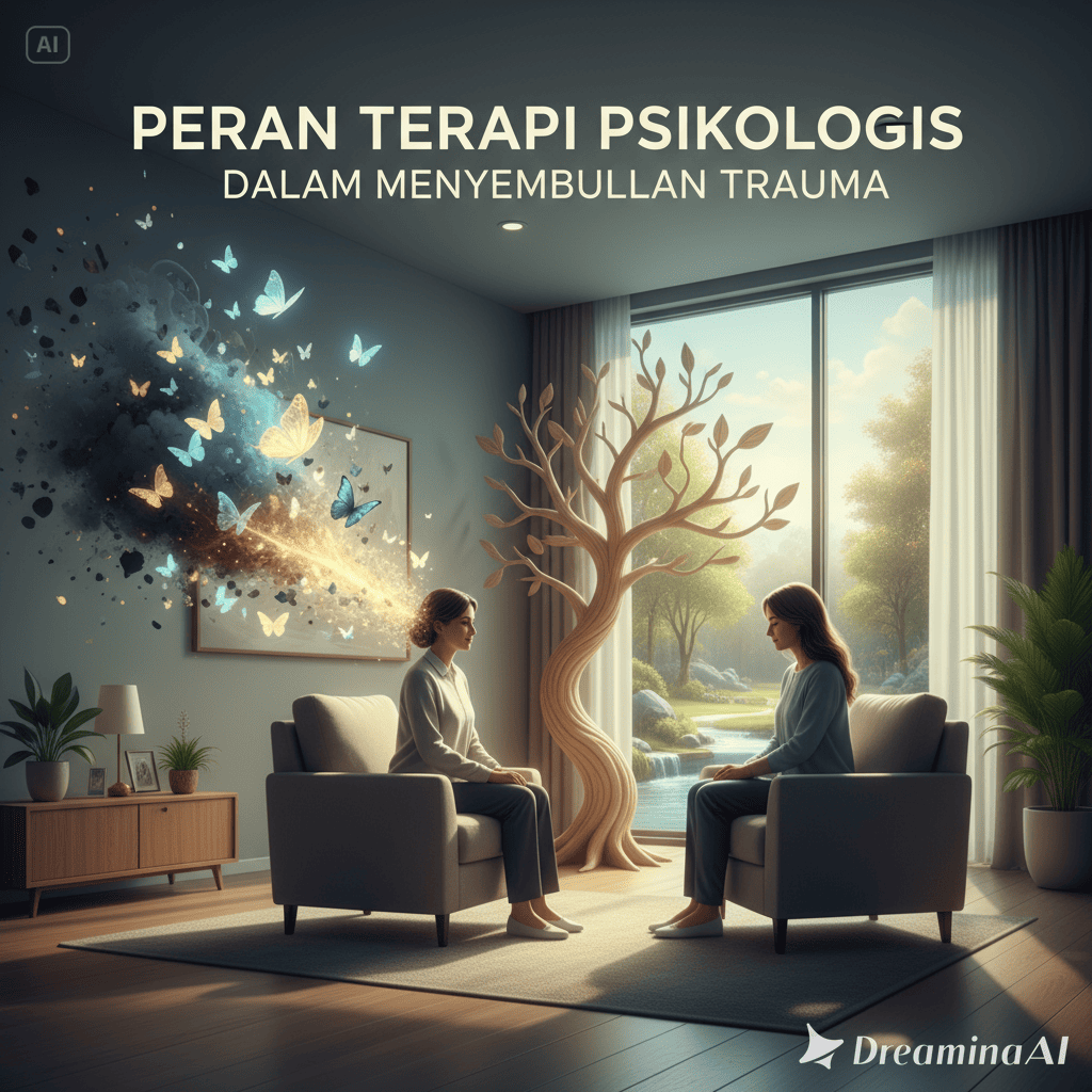 Ilustrasi terapi psikologis, seorang pasien berbicara dengan psikolog di ruang konseling.
