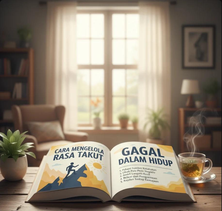 Siluet seseorang berdiri di tebing dengan sinar matahari pagi, melambangkan keberanian mengatasi rasa takut.