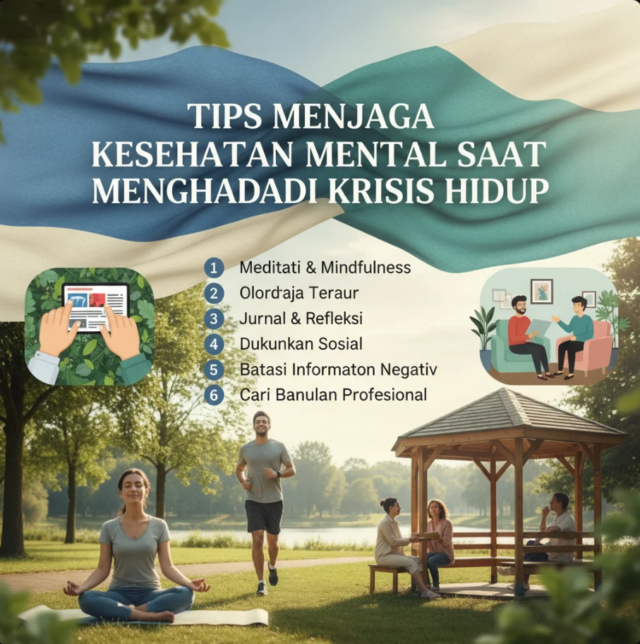 Seseorang duduk di taman dengan sinar matahari pagi, menenangkan diri dan bernafas dalam-dalam untuk menjaga keseimbangan mental.