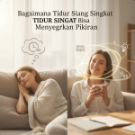 Seseorang tidur siang singkat di kantor dengan suasana hangat dan pencahayaan alami.