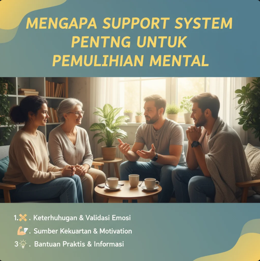 Sekelompok orang duduk bersama dalam lingkaran, saling mendengarkan dan memberikan dukungan emosional di ruang terapi yang hangat.