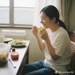 Ilustrasi makanan sehat dengan simbol otak dan hati yang saling terhubung.