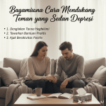 Ilustrasi seorang teman memegang bahu sahabatnya yang sedang depresi sebagai bentuk dukungan emosional.