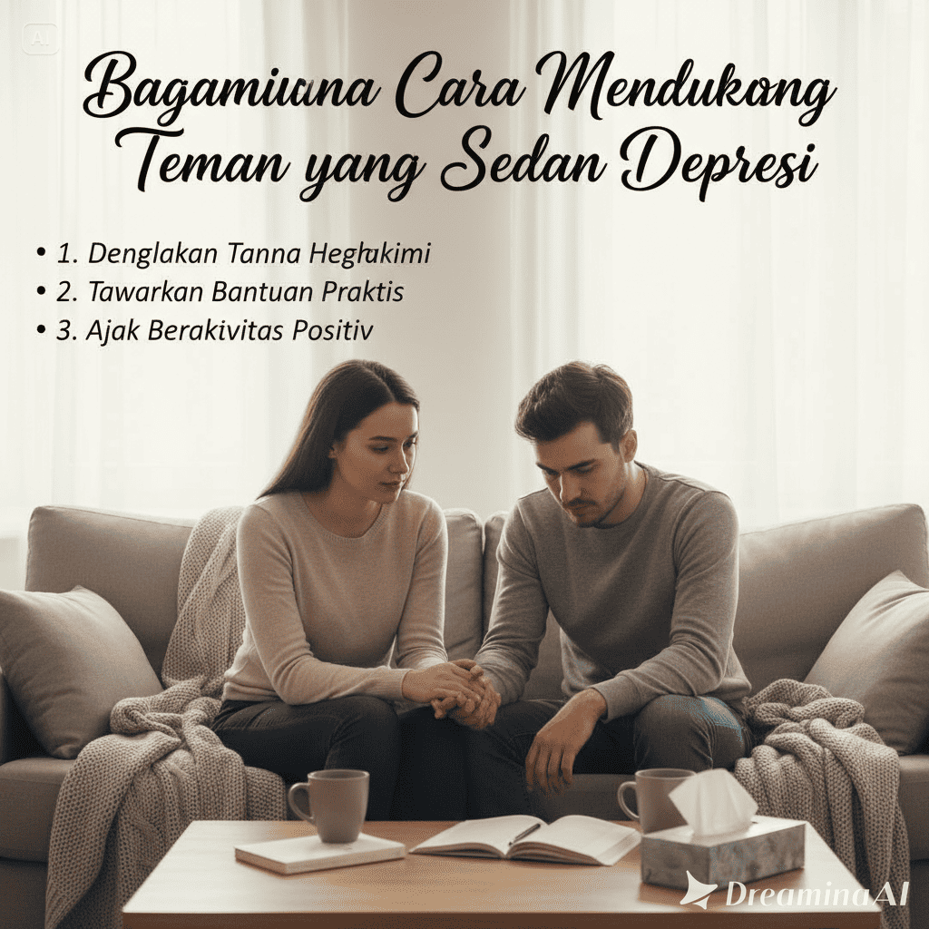 Ilustrasi seorang teman memegang bahu sahabatnya yang sedang depresi sebagai bentuk dukungan emosional.