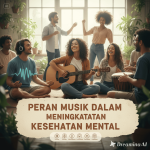 Ilustrasi seseorang mendengarkan musik dengan headphone sambil rileks untuk kesehatan mental.