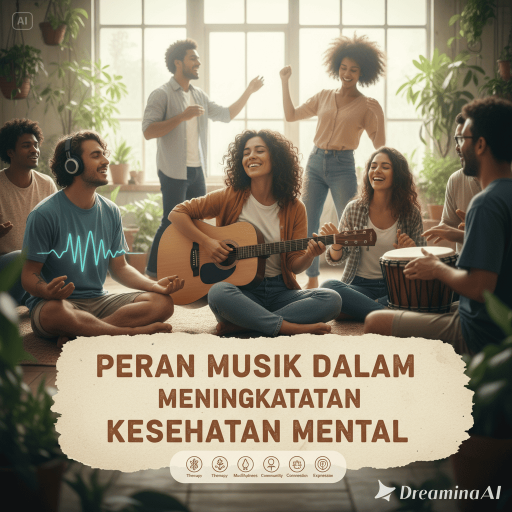 Ilustrasi seseorang mendengarkan musik dengan headphone sambil rileks untuk kesehatan mental.