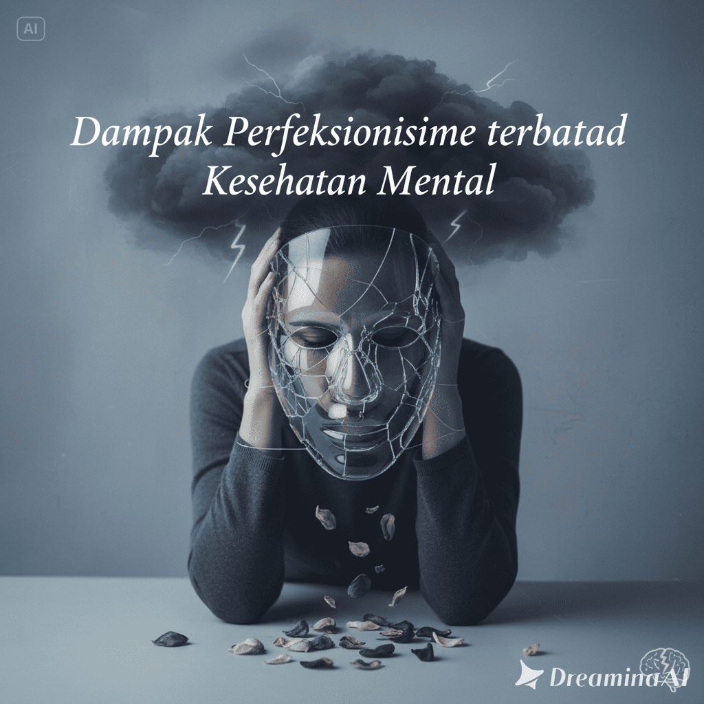 Ilustrasi seseorang yang tertekan karena perfeksionisme, dengan bayangan standar tinggi di belakangnya.