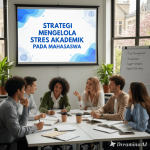 Ilustrasi mahasiswa mengelola stres akademik dengan belajar teratur, berolahraga, dan meditasi.