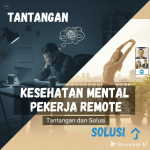 Ilustrasi pekerja remote di rumah dengan ikon kesehatan mental dan dukungan tim digital.