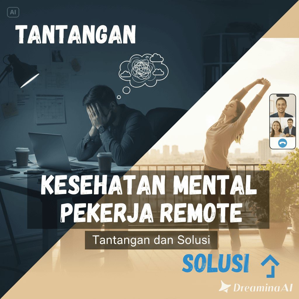Ilustrasi pekerja remote di rumah dengan ikon kesehatan mental dan dukungan tim digital.