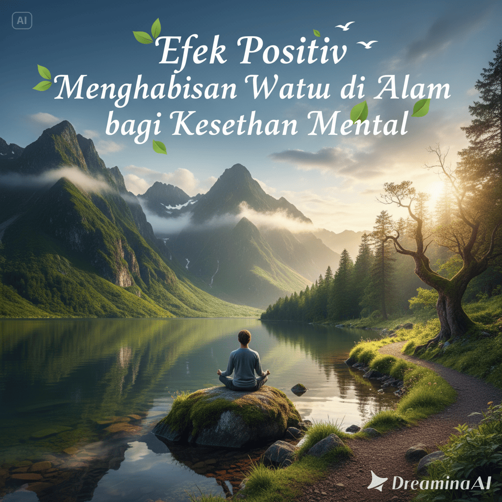 Ilustrasi orang duduk santai di hutan menikmati alam untuk kesehatan mental.