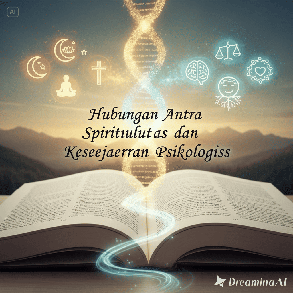 Ilustrasi seseorang bermeditasi di bawah cahaya lembut dengan simbol keseimbangan pikiran dan jiwa.