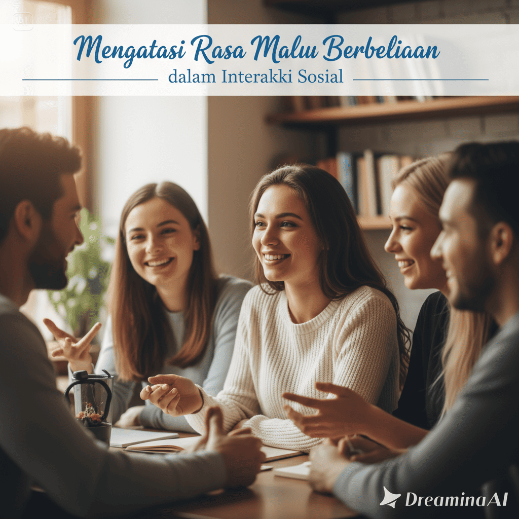 Ilustrasi seseorang yang awalnya malu lalu tersenyum percaya diri di tengah lingkaran pertemanan.