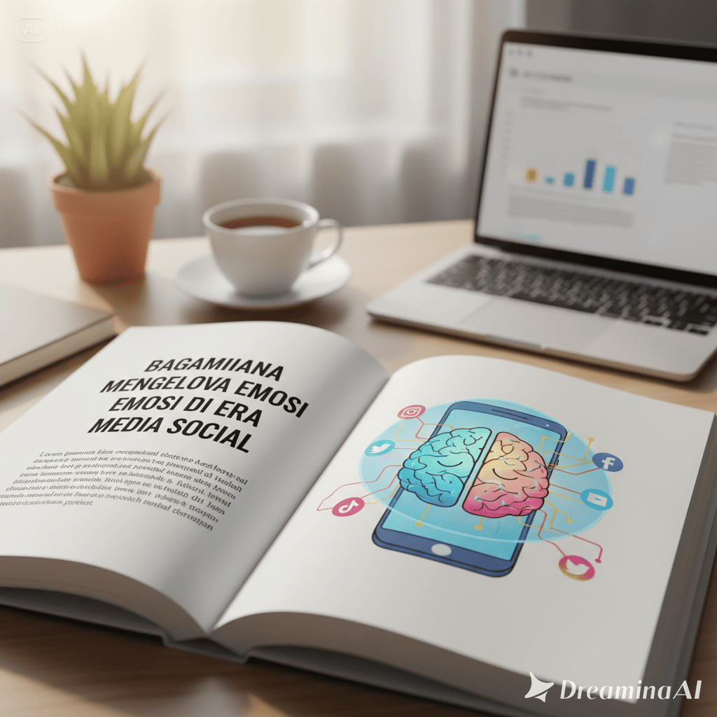 Ilustrasi seseorang bermeditasi di depan ponsel dengan ikon media sosial mengelilinginya, melambangkan keseimbangan emosi digital.