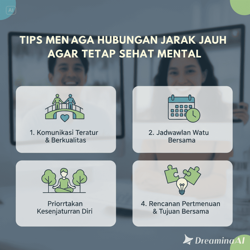 Ilustrasi pasangan dalam hubungan jarak jauh sedang berkomunikasi lewat video call dengan ekspresi bahagia.