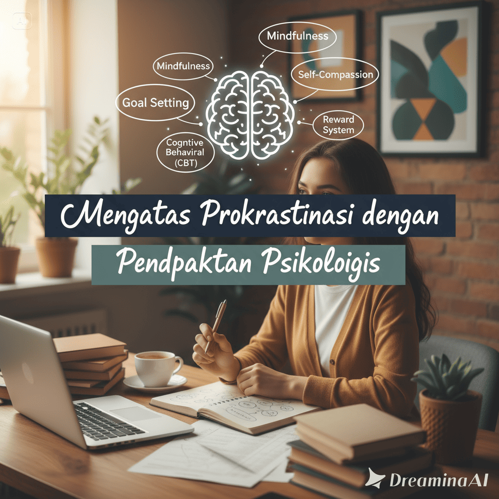 Ilustrasi seseorang menatap layar laptop sambil melawan kebiasaan menunda, dengan jam dan simbol otak di latar belakang.