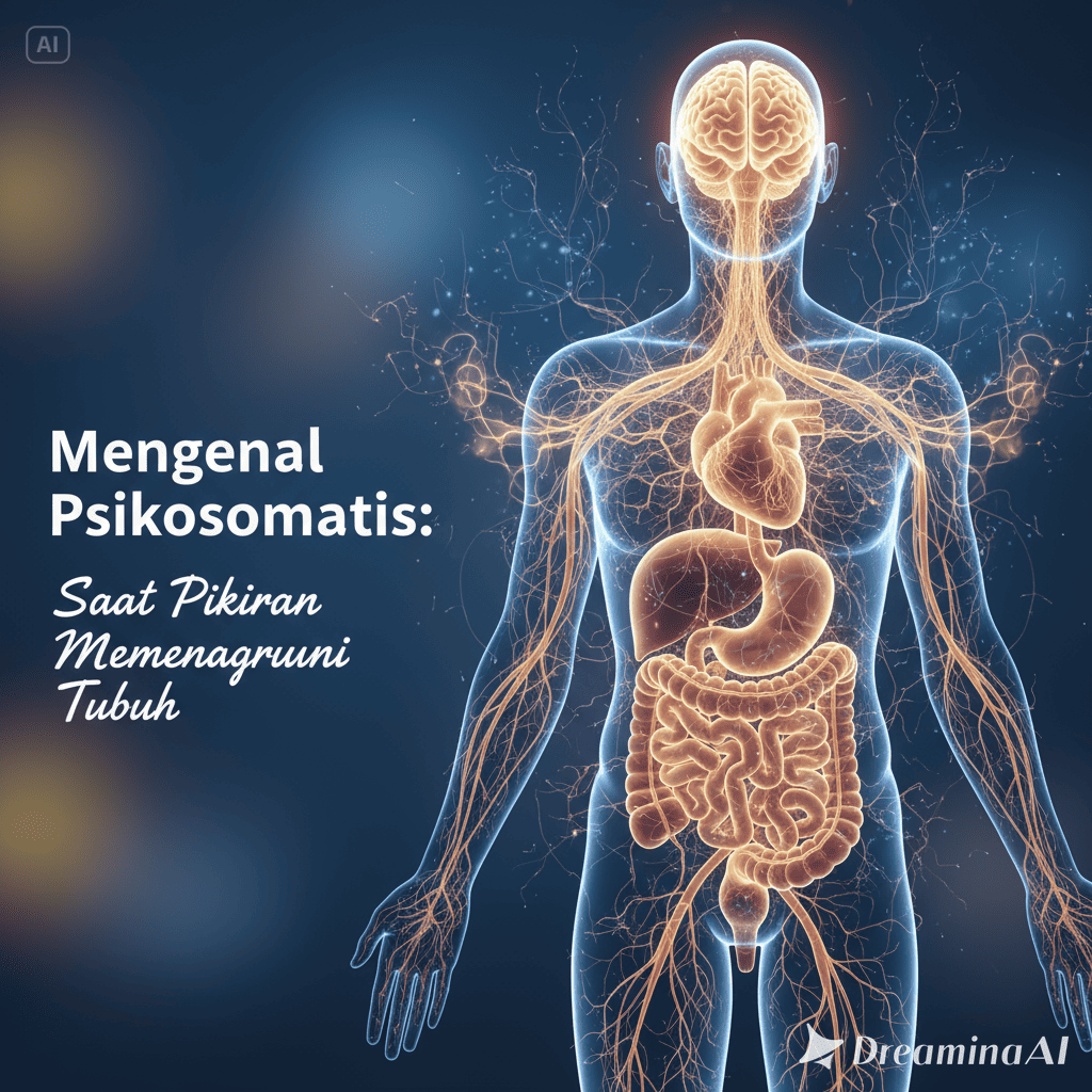 Ilustrasi siluet manusia dengan otak dan jantung saling terhubung melalui garis cahaya, simbol hubungan antara pikiran dan tubuh.