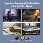 Seseorang menulis jurnal di meja dengan pencahayaan lembut sebelum tidur.