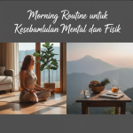 Seseorang melakukan morning routine dengan yoga, meditasi, dan sarapan sehat di pagi hari