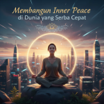 Seseorang duduk bermeditasi di tengah alam dengan cahaya matahari pagi, simbol ketenangan di dunia yang sibuk.