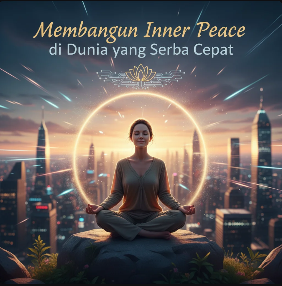 Seseorang duduk bermeditasi di tengah alam dengan cahaya matahari pagi, simbol ketenangan di dunia yang sibuk.