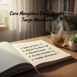 Seorang wanita duduk di tepi danau dengan mata tertutup, menarik napas dalam dan tersenyum tenang di bawah langit sore.