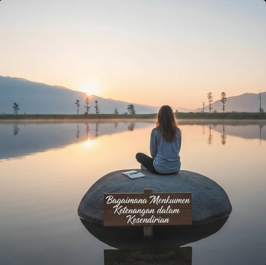 Seseorang duduk sendiri di tepi danau sambil menikmati suasana yang tenang
