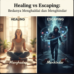 Siluet seseorang berdiri di tepi pantai dengan bayangan dirinya di air, melambangkan proses menghadapi dan menyembuhkan diri.