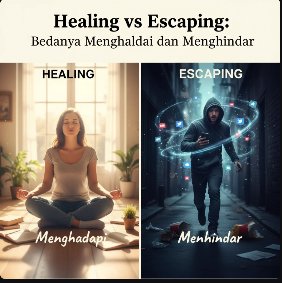 Siluet seseorang berdiri di tepi pantai dengan bayangan dirinya di air, melambangkan proses menghadapi dan menyembuhkan diri.