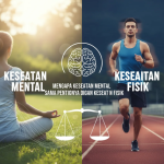 Siluet seseorang bermeditasi di alam terbuka dengan simbol keseimbangan tubuh dan pikiran di latar belakang.