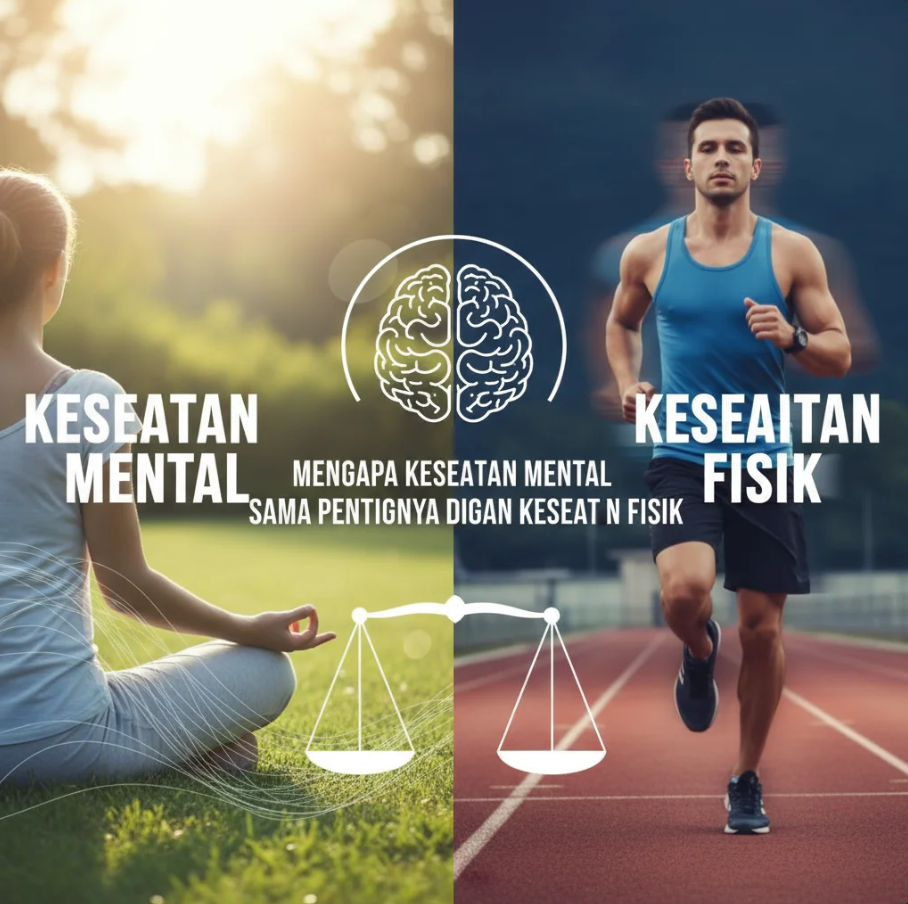 Siluet seseorang bermeditasi di alam terbuka dengan simbol keseimbangan tubuh dan pikiran di latar belakang.