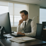 Seseorang duduk di meja kerja sambil merenung, menggambarkan rasa tidak cukup baik