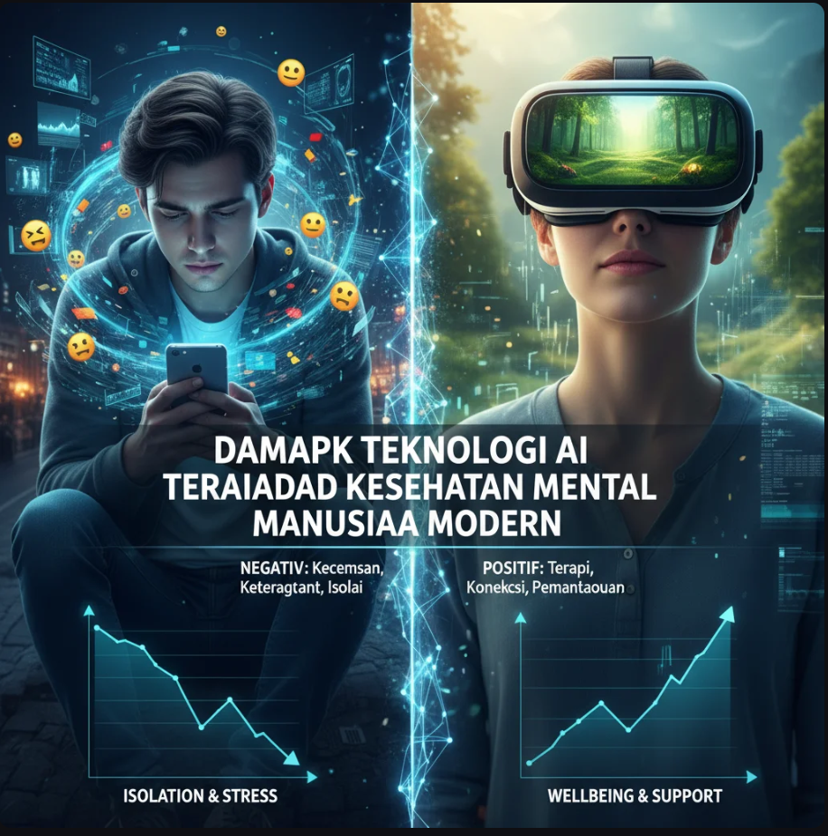 Silhouette manusia dengan jaringan otak digital bercahaya biru, menggambarkan hubungan antara AI dan pikiran manusia.