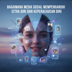 Siluet seseorang melihat pantulan dirinya di layar smartphone dengan simbol media sosial di sekitarnya.